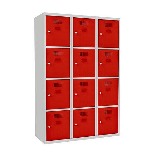 Svařovaná šatní skříň West, 12 boxů, cylindrický zámek, šedá/červená