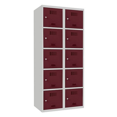 Svařovaná šatní skříň Samuel, 10 boxů, cylindrický zámek šedá/vínově červená