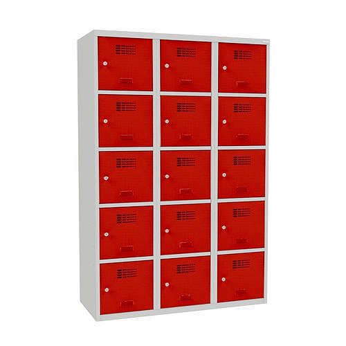Svařovaná šatní skříň Adam, 15 boxů, cylindrický zámek šedá/červená