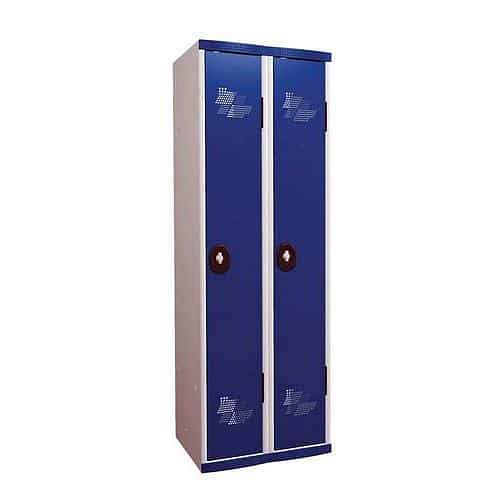 Svařovaná šatní skříň Acial, 2 oddíly, 300 mm, otočný uzávěr, šedá/modrá