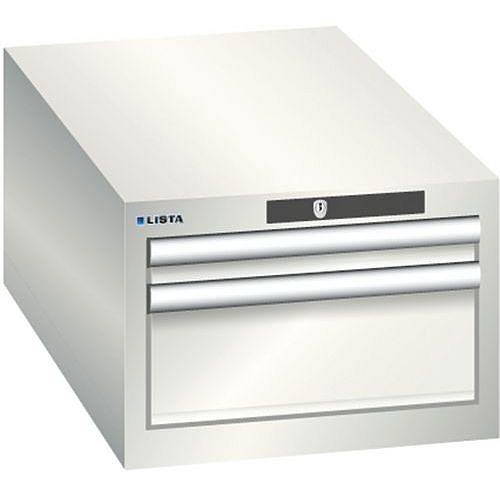 Dílenská zásuvková skříň Lista, 2 zásuvky: 1x50mm + 1x150mm, 411x725x283 mm, světle šedá