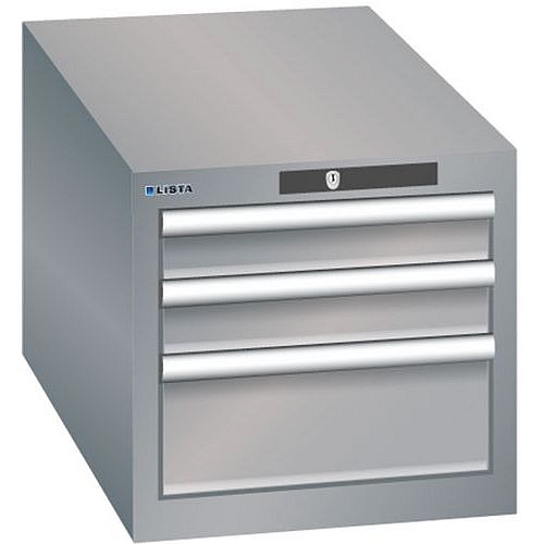Dílenská zásuvková skřín Lista, 3 zásuvky: 2x75mm + 1x 150mm, 411x725x383 mm, šedá/stříbrmá