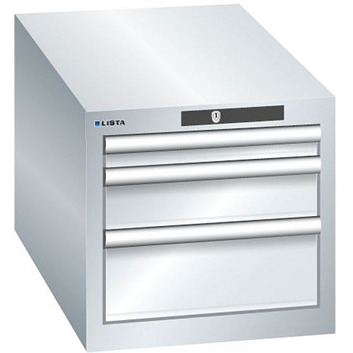 Dílenská zásuvková skřín Lista, 3 zásuvky: 1x50mm + 1x100mm + 1x 150mm, 411x725x383 mm, šedá