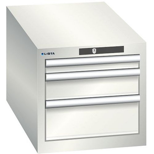 Dílenská zásuvková skřín Lista, 3 zásuvky: 1x50mm + 1x100mm + 1x 150mm, 411x725x383 mm, světle šedá