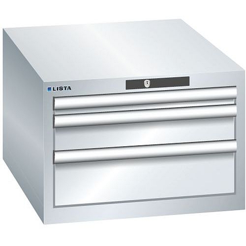 Dílenská zásuvková skříň LISTA, 3 zásuvky = 1x 50 + 1x 100 + 1x 150mm , 564x725x383mm, šedá