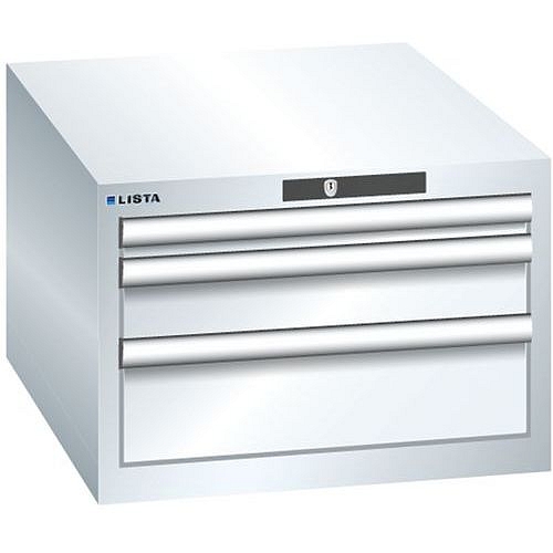 Dílenská zásuvková skříň LISTA, 3 zásuvky = 1x 50 + 1x 100 + 1x 150mm , 564x725x383mm, bílá