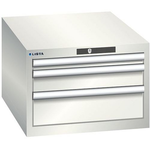 Dílenská zásuvková skříň LISTA, 3 zásuvky = 1x 50 + 1x 100 + 1x 150mm , 564x725x383mm, světle šedá