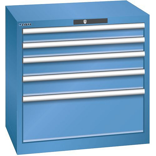 Dílenská zásuvková skříň LISTA, 5 zásuvek = 2x75 + 2x100 + 1x250 mm, 717x572x700mm, modrá