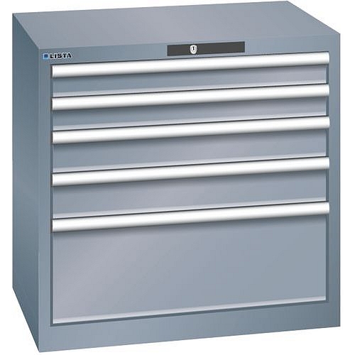 Dílenská zásuvková skříň LISTA, 5 zásuvek = 2x75 + 2x100 + 1x250 mm, 717x572x700mm, tmavě šedá
