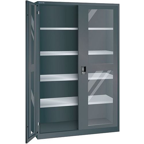 Dílenská skříň LISTA s policemi, 1250x400x1950mm, dveře s plexisklem, černá