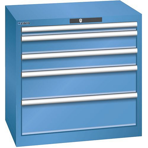 Dílenská zásuvková skříň LISTA, 5 zásuvek = 1x50 + 2x100 + 1x150 + 1x200mm, 717x572x700mm, modrá