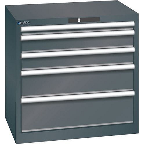 Dílenská zásuvková skříň LISTA, 5 zásuvek = 1x50 + 2x100 + 1x150 + 1x200mm, 717x572x700mm, černá