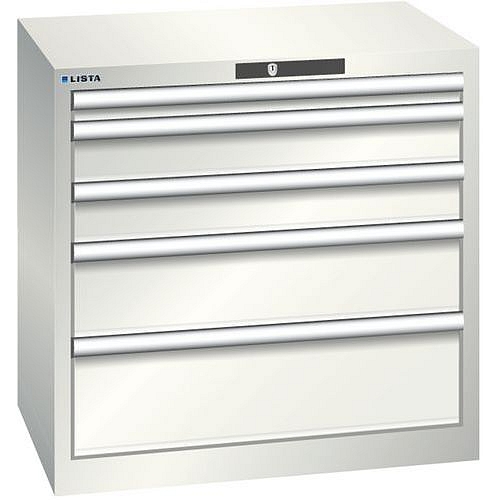 Dílenská zásuvková skříň LISTA, 5 zásuvek = 1x50 + 2x100 + 1x150 + 1x200mm, 717x572x700mm, světle šedá