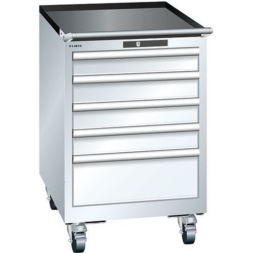 Mobilní dílenská zásuvková skříň Lista, 5 zásuvek: 4x100mm + 1x200mm, bílá