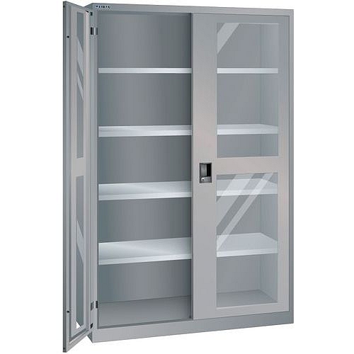 Dílenská skříň LISTA s policemi, 1250x500x1950mm, dveře s plexisklem, šedá/stříbrná