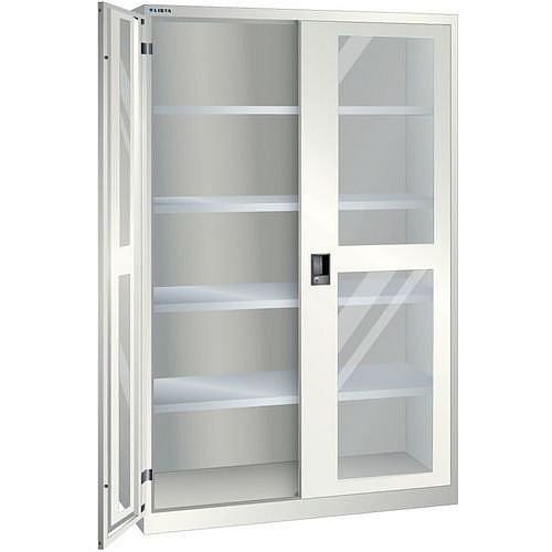 Dílenská skříň LISTA s policemi, 1250x500x1950mm, dveře s plexisklem, světle šedá