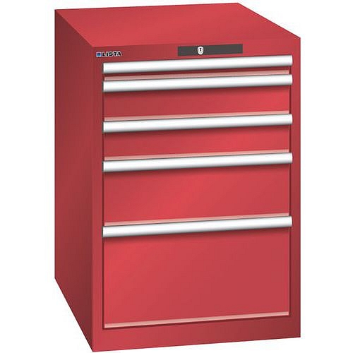 Dílenská zásuvková skříň LISTA, 5 zásuvek = 1x 50 + 2x 100 + 1x 200 + 1x 300mm, 564x725x850mm, červená