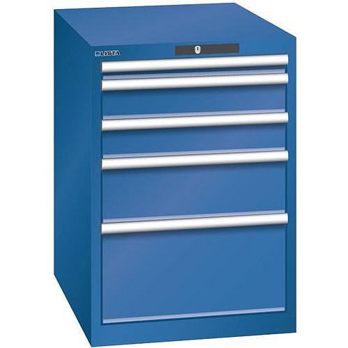 Dílenská zásuvková skříň LISTA, 5 zásuvek = 1x 50 + 2x 100 + 1x 200 + 1x 300mm, 564x725x850mm, tmavě modrá