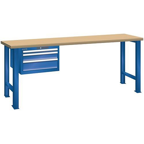 Dílenský pracovní stůl LISTA, 1500x700x890mm, nosnost 600 kg, 3 zásuvky, fluorescentně modrá