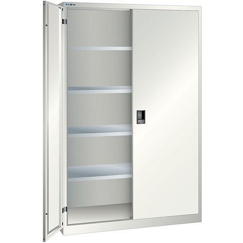 Dílenská skříň LISTA s policemi, 1250x580x1950mm, plné dveře, světle šedá