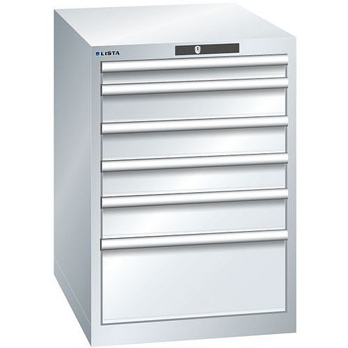 Dílenská zásuvková skříň LISTA, 6 zásuvek = 1x 75 + 3x 100 + 1x 150 + 1x 250mm, 564x725x850mm, šedá