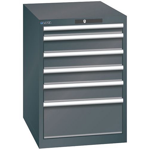 Dílenská zásuvková skříň LISTA, 6 zásuvek = 1x 75 + 3x 100 + 1x 150 + 1x 250mm, 564x725x850mm, černá