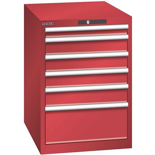 Dílenská zásuvková skříň LISTA, 6 zásuvek = 1x 75 + 3x 100 + 1x 150 + 1x 250mm, 564x725x850mm, červená