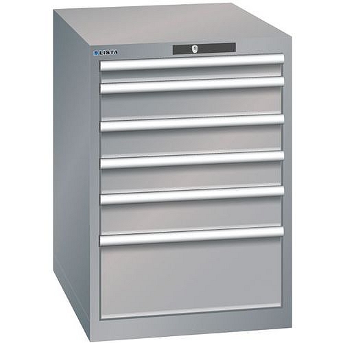 Dílenská zásuvková skříň LISTA, 6 zásuvek = 1x 75 + 3x 100 + 1x 150 + 1x 250mm, 564x725x850mm, šedá/stříbrná