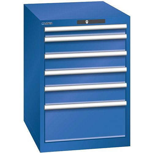 Dílenská zásuvková skříň LISTA, 6 zásuvek = 1x 75 + 3x 100 + 1x 150 + 1x 250mm, 564x725x850mm, fluorescentní modrá