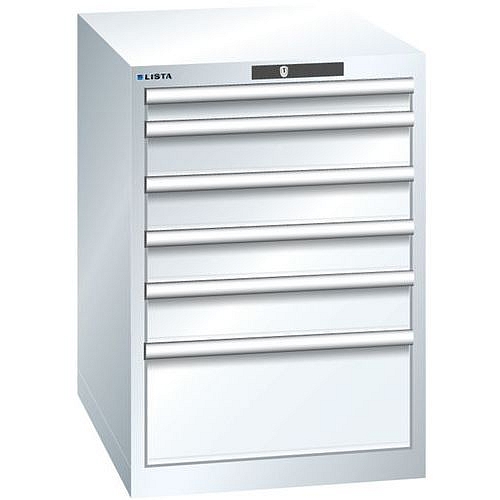 Dílenská zásuvková skříň LISTA, 6 zásuvek = 1x 75 + 3x 100 + 1x 150 + 1x 250mm, 564x725x850mm, bílá