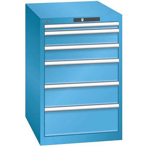 Dílenská zásuvková skříň LISTA, 6 zásuvek = 1x 50 + 2x 100 + 2x 150 + 1x 200mm, 564x725x850mm, světle modrá