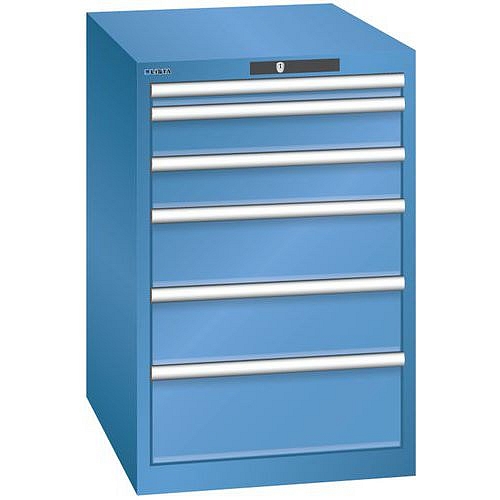 Dílenská zásuvková skříň LISTA, 6 zásuvek = 1x 50 + 2x 100 + 2x 150 + 1x 200mm, 564x725x850mm, modrá