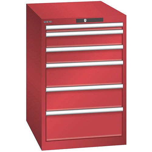 Dílenská zásuvková skříň LISTA, 6 zásuvek = 1x 50 + 2x 100 + 2x 150 + 1x 200mm, 564x725x850mm, červená