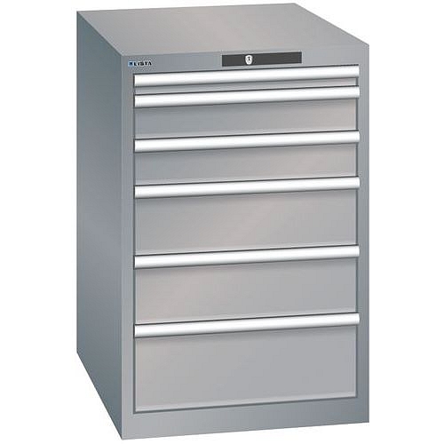 Dílenská zásuvková skříň LISTA, 6 zásuvek = 1x 50 + 2x 100 + 2x 150 + 1x 200mm, 564x725x850mm, šedá/stříbrná