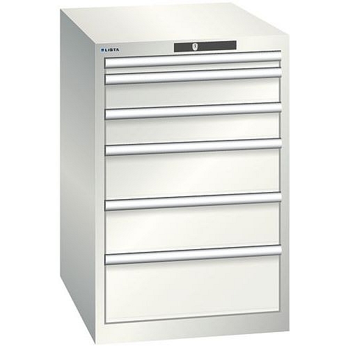 Dílenská zásuvková skříň LISTA, 6 zásuvek = 1x 50 + 2x 100 + 2x 150 + 1x 200mm, 564x725x850mm, světle šedá