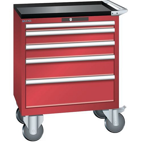 Mobilní dílenská zásuvková skříň LISTA, 5 zásuvek = 1x50 + 2x100 + 1x150 + 1x200mm, 717x572x962mm, červená