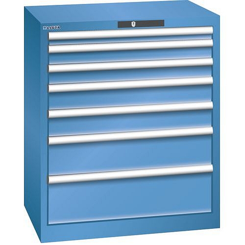 Dílenská zásuvková skříň LISTA, 7 zásuvek = 1x50 + 2x75 + 2x100 + 1x150 +1x200mm, 717x572x850mm, modrá