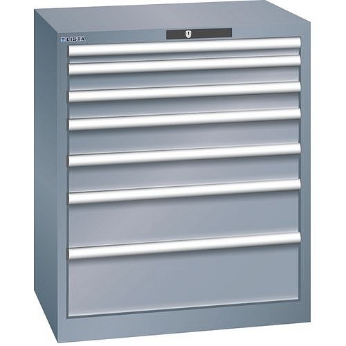 Dílenská zásuvková skříň LISTA, 7 zásuvek = 1x50 + 2x75 + 2x100 + 1x150 +1x200mm, 717x572x850mm, tmavě šedá