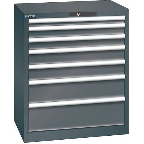 Dílenská zásuvková skříň LISTA, 7 zásuvek = 1x50 + 2x75 + 2x100 + 1x150 +1x200mm, 717x572x850mm, černá