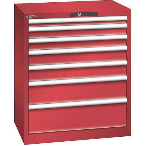 Dílenská zásuvková skříň LISTA, 7 zásuvek = 1x50 + 2x75 + 2x100 + 1x150 +1x200mm, 717x572x850mm, červená