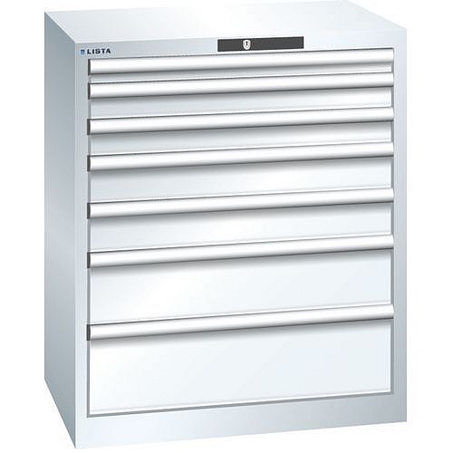 Dílenská zásuvková skříň LISTA, 7 zásuvek = 1x50 + 2x75 + 2x100 + 1x150 +1x200mm, 717x572x850mm, bílá