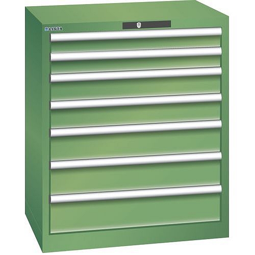 Dílenská zásuvková skříň LISTA, 7 zásuvek = 2x75 + 2x100 + 2x125 + 1x150mm, 717x572x850mm, zelená