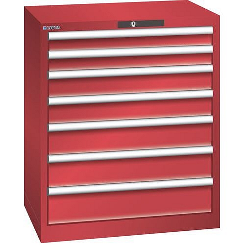 Dílenská zásuvková skříň LISTA, 7 zásuvek = 2x75 + 2x100 + 2x125 + 1x150mm, 717x572x850mm, červená