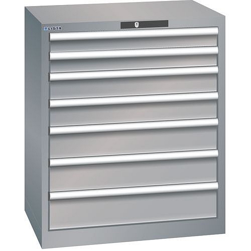 Dílenská zásuvková skříň LISTA, 7 zásuvek = 2x75 + 2x100 + 2x125 + 1x150mm, 717x572x850mm, šedá/stříbrná