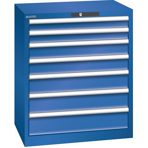 Dílenská zásuvková skříň LISTA, 7 zásuvek = 2x75 + 2x100 + 2x125 + 1x150mm, 717x572x850mm, fluorescentní modrá