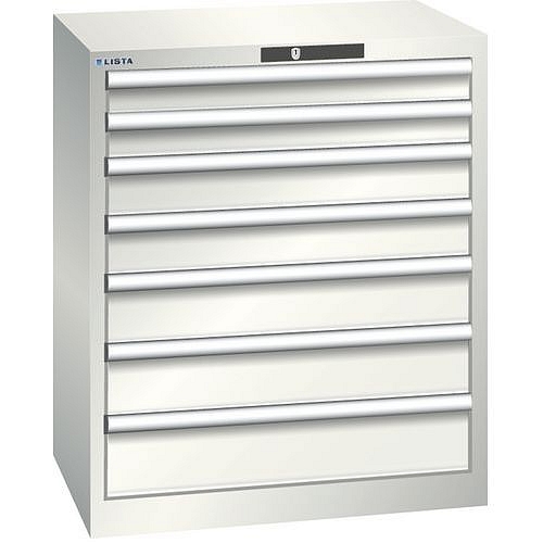 Dílenská zásuvková skříň LISTA, 7 zásuvek = 2x75 + 2x100 + 2x125 + 1x150mm, 717x572x850mm, světle šedá