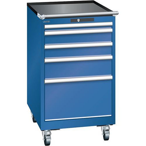 Mobilní dílenská zásuvková skříň LISTA, 5 zásuvek = 1x50 + 2x100 + 1x150 + 1x300mm, 564x725x990mm, tmavě modrá