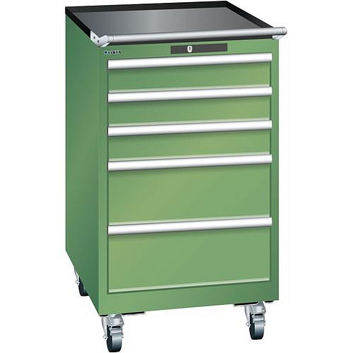 Mobilní dílenská zásuvková skříň LISTA, 5 zásuvek = 3x100 + 2x200mm, 564x725x990mm, zelená