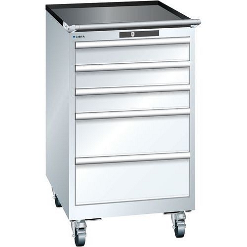 Mobilní dílenská zásuvková skříň LISTA, 5 zásuvek = 3x100 + 2x200mm, 564x725x990mm, bílá