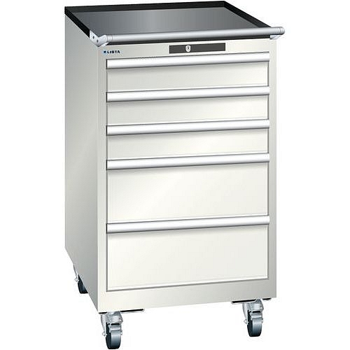 Mobilní dílenská zásuvková skříň LISTA, 5 zásuvek = 3x100 + 2x200mm, 564x725x990mm, světle šedá